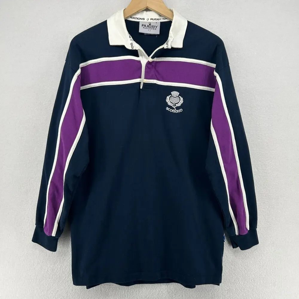 SCOTLAND Shirt Mens S RUGBY NATIONS Striped Tartan Army Polo Cotton Blue_2
